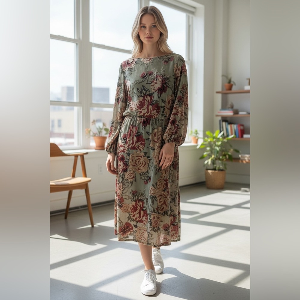 SOFT SURROUNDINGS Floral Midi Dress - Green and Pink, Velvet burnout, M